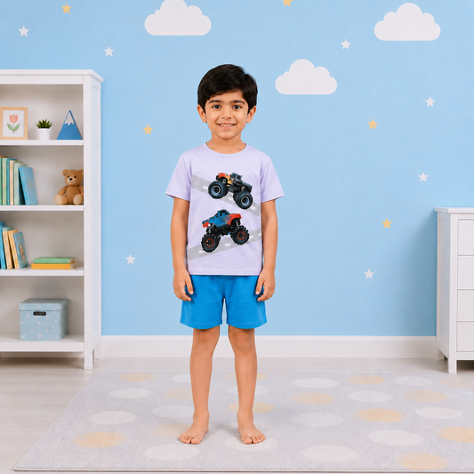 Kids' Monster Truck Graphic Tee & Sky Blue Shorts Two-Piece Set