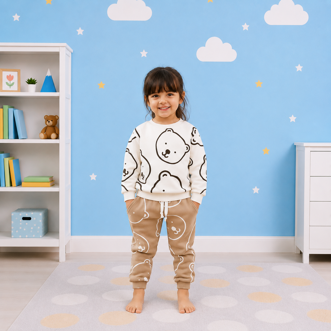 New White Bear Printed Sweatshirt Set