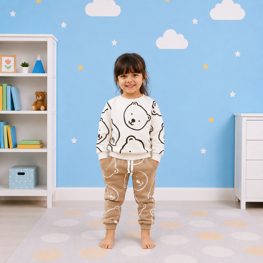 New White Bear Printed Sweatshirt Set