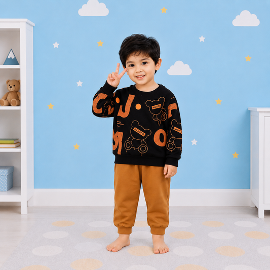 New Black Bear Printed  Sweatshirt Set
