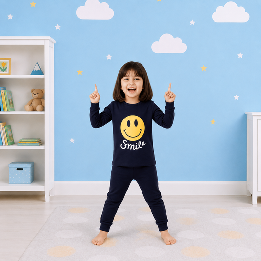 Kids - Navy Blue Smile Print Kids Wear