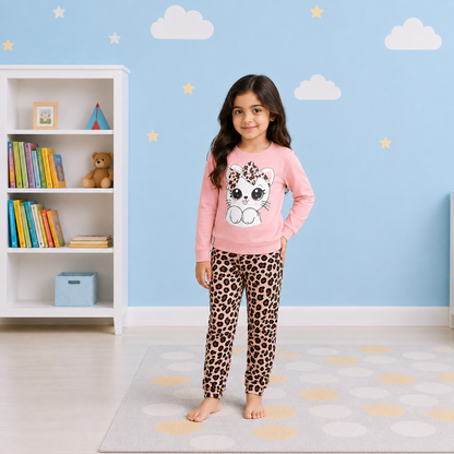 White cat Printed pink kid full sleeve set