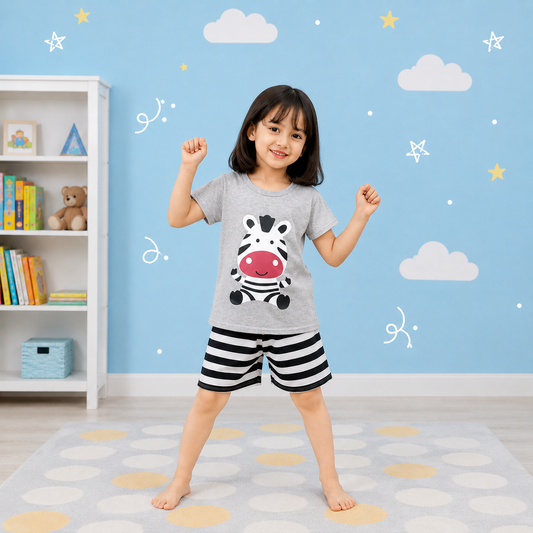 Grey Zebra Printed Kids Short Sleeve Kids Wear
