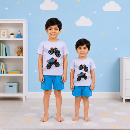 Kids' Monster Truck Graphic Tee & Sky Blue Shorts Two-Piece Set