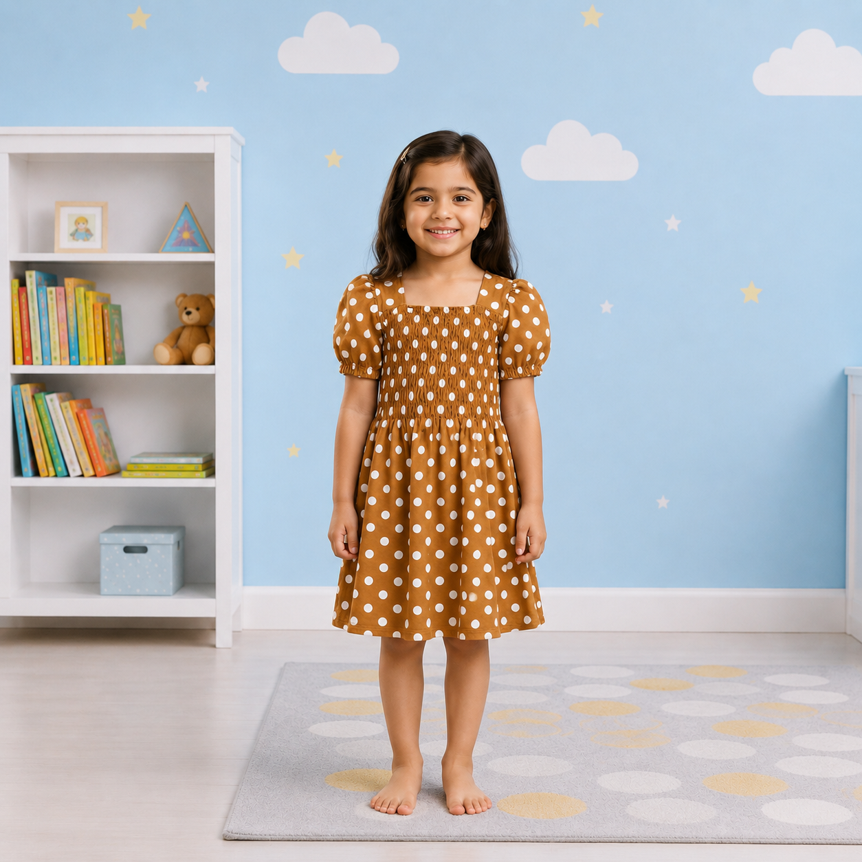 Girls' Toffee Brown Polka Dot Smocked Puff-Sleeve Party Dress