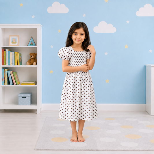 Girls' Vintage-Style Cream & Cocoa Polka Dot Smocked Puff-Sleeve Midi Dress