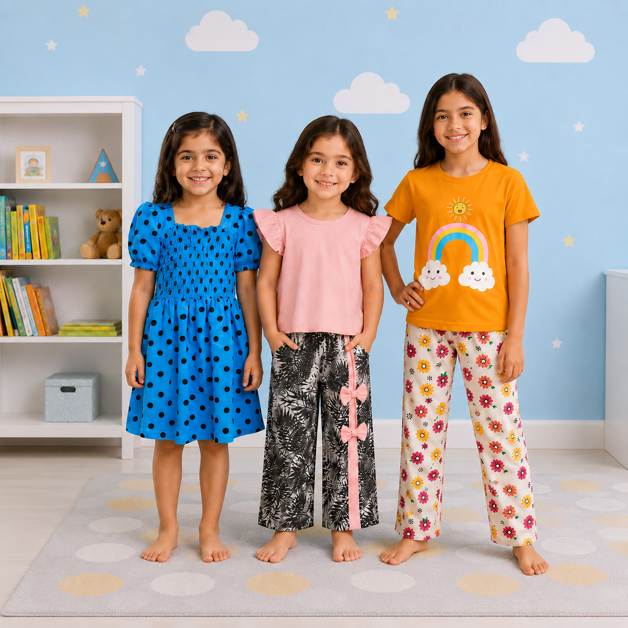 Girls' 3-Piece Essentials Collection: Polka Dot Party Dress, Flutter-Sleeve Palazzo Set, & Rainbow Floral Pajamas