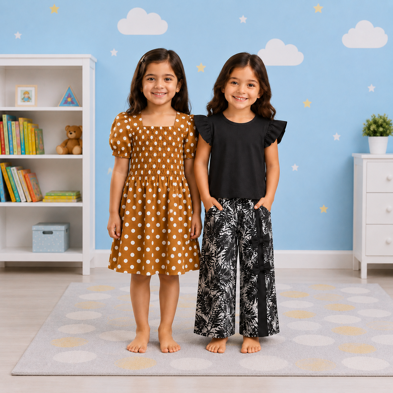 Girls' 2-Outfit Fashion Pack: Cocoa Polka Dot Dress & Midnight Tropical Palazzo Set
