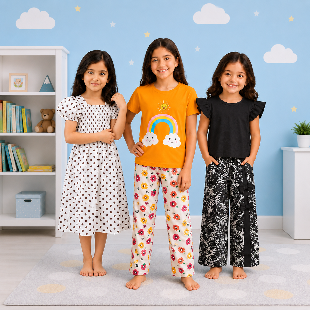 Girls' 3-Piece Variety Pack: Polka Dot Dress, Rainbow PJ Set, & Tropical Palazzo Ensemble