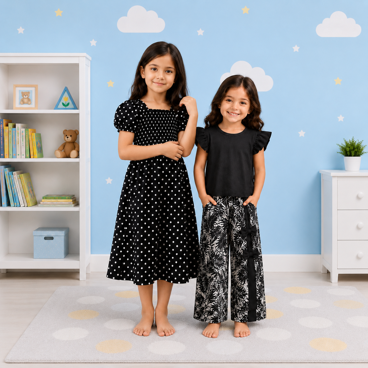 Girls' 2-Outfit Chic Collection: Noir Polka Dot Dress & Midnight Tropical Palazzo Set
