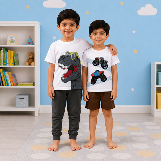 Boys' Adventure-Ready 2-Outfit Bundle: "Cool Dino" Jogger Set & Monster Truck Short Set