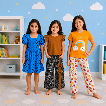 Girls' 3-Piece Complete Wardrobe Variety Pack: Polka Dot Dress, Ruffled Palazzo Set, & Rainbow Pajamas
