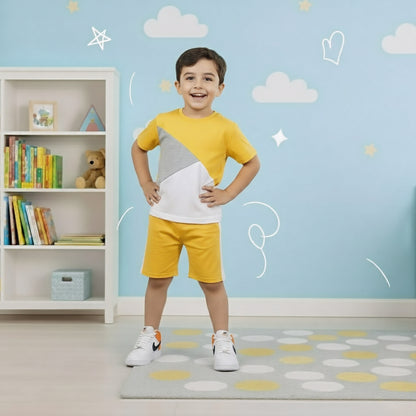 YELLOW PANEL T-SHIRT SHORTS SET