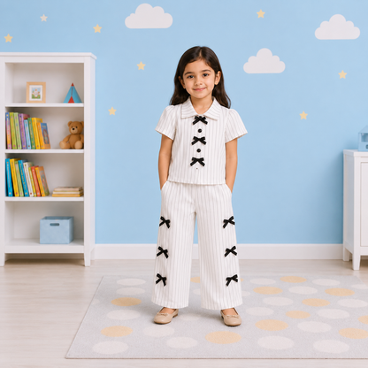 White Pinstripe Bow Detail Co-ord Set
