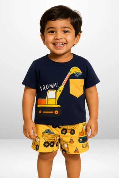 Navy blue excavator print & yellow Short Set