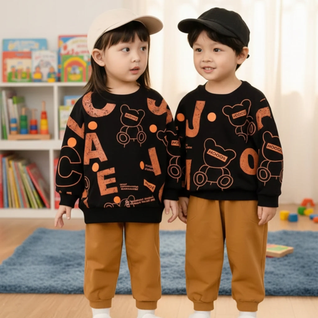 New Black Bear Printed  Sweatshirt Set