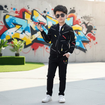 Kids Black Printed Zipper with Warm Black Trouser
