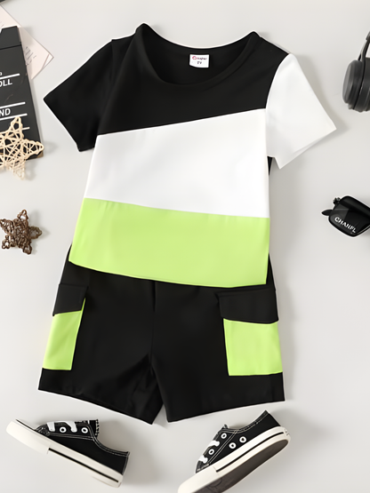 BLACK LIGHT GREEN AND WHITE PANEL T-SHIRT SHORTS SET