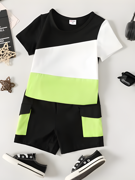 BLACK LIGHT GREEN AND WHITE PANEL T-SHIRT SHORTS SET