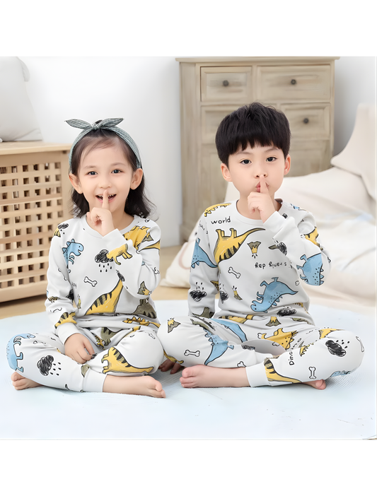 White Blue Dino Print Kids Wear