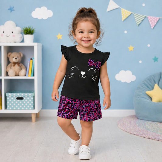 Toddler Girls Cat Print Summer Co-Ord Set – Cute Black Top & Printed Shorts Outfit (1–4 Years)