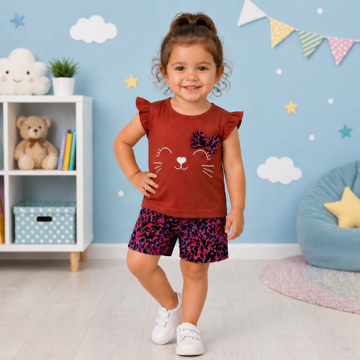 Toddler Girls Cat Print Summer Co-Ord Set – Cute Ruffle Top & Printed Shorts Outfit (Red Edition, 1–4 Years)