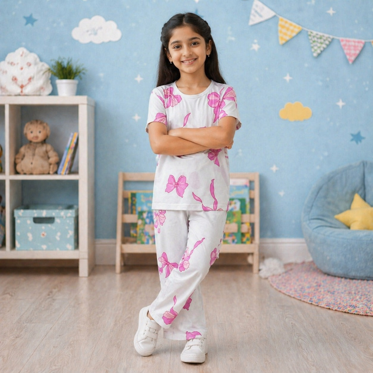 Girls Soft Cotton Pajama Set – Cute Pink Bow Print Nightwear | Breathable Kids Sleepwear Loungewear Set