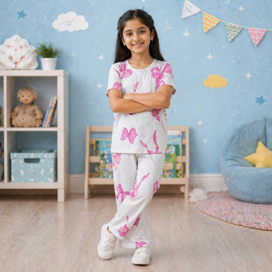Girls Soft Cotton Pajama Set – Cute Pink Bow Print Nightwear | Breathable Kids Sleepwear Loungewear Set