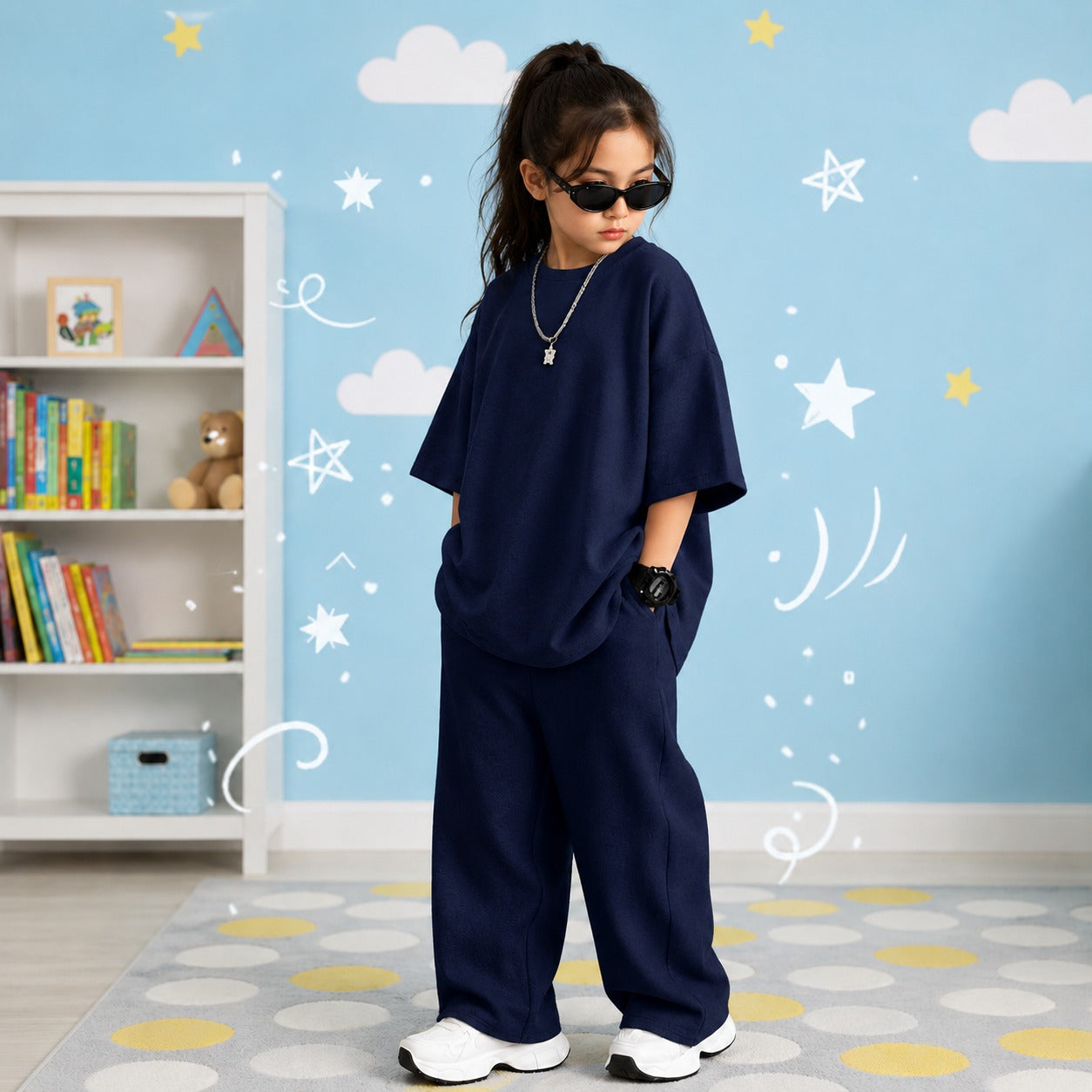 Kids Premium Oversized Streetwear Co-Ord Set Unisex Drop-Shoulder Tee & Relaxed Wide-Leg Tracksuit (Navy Blue)