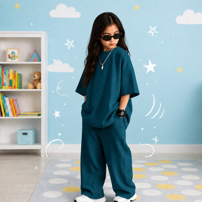 Kids Premium Oversized Streetwear Co-Ord Set Unisex Drop-Shoulder Tee & Relaxed Wide-Leg Tracksuit (Navy Blue)