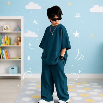 Kids Premium Oversized Streetwear Co-Ord Set Unisex Drop-Shoulder Tee & Relaxed Wide-Leg Tracksuit (Navy Blue)