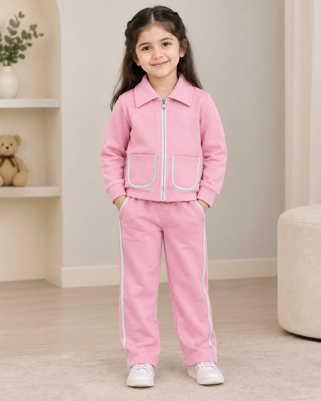 Girls Zip-Up Tracksuit Set – Pink & White