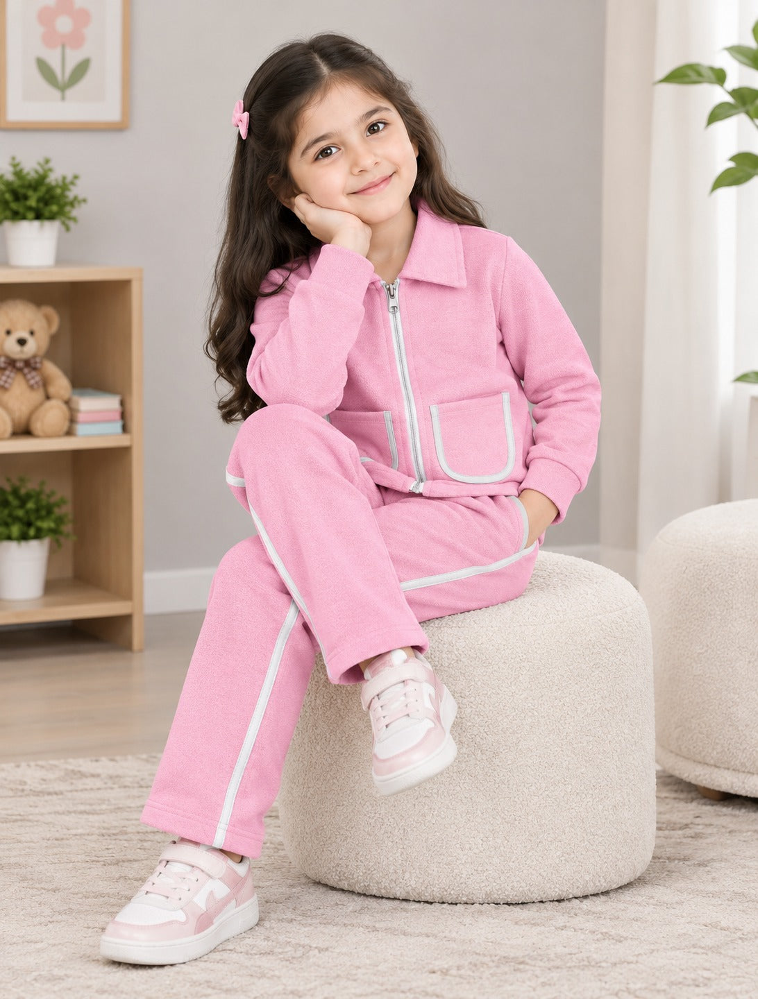 Girls Zip-Up Tracksuit Set – Pink & White