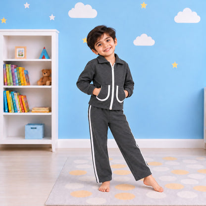 Boys Zip-Up Tracksuit Set – Grey & White