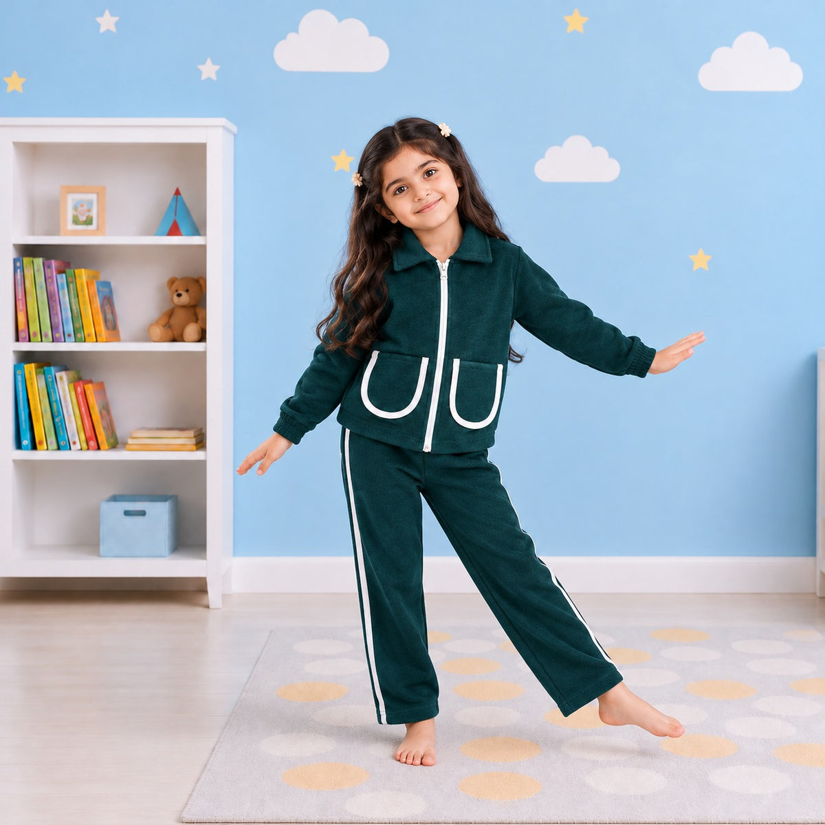 Girls Zip-Up Tracksuit Set – Green & White