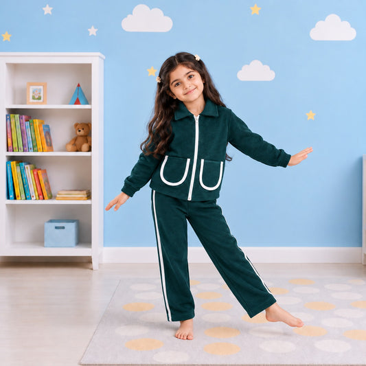 Girls Zip-Up Tracksuit Set – Green & White