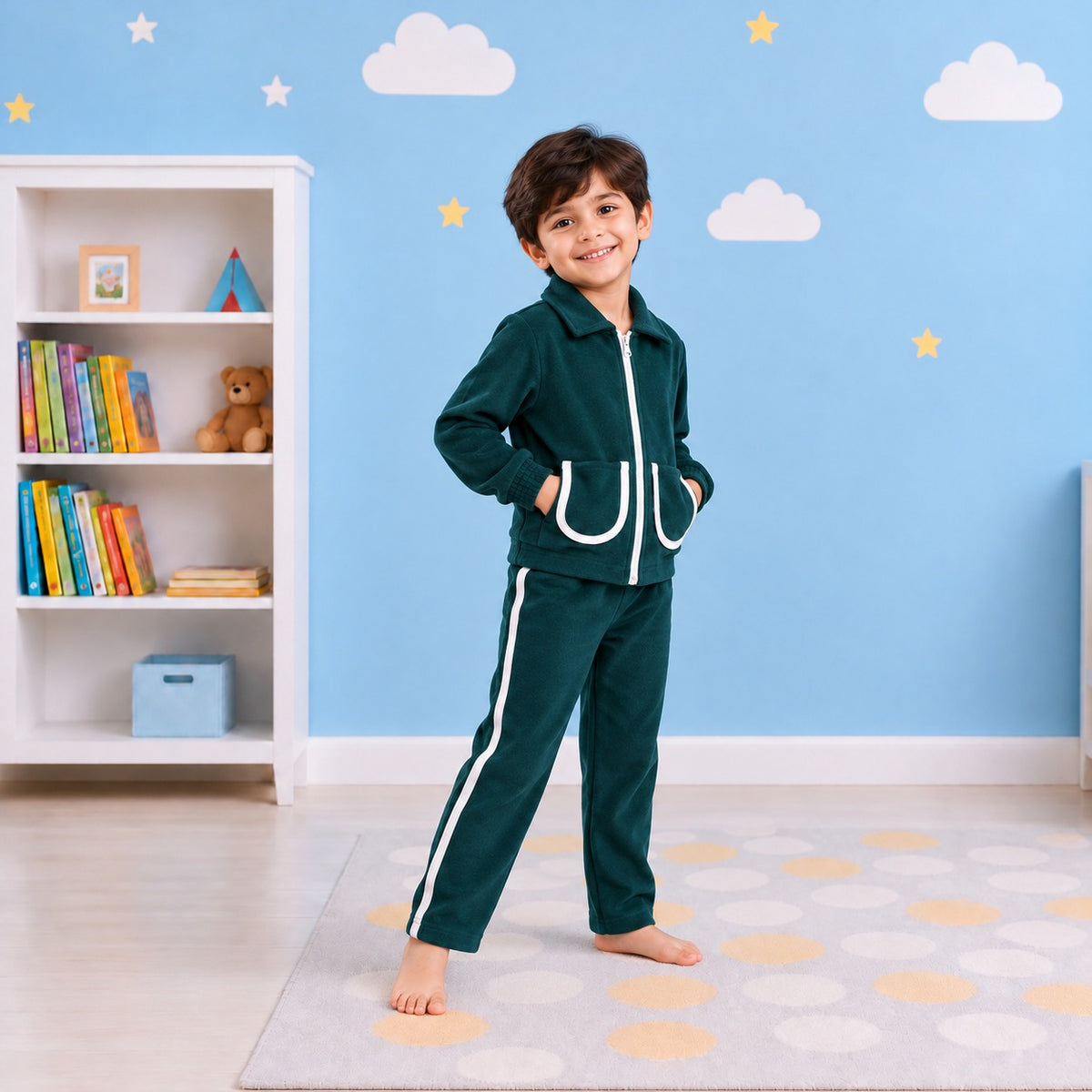 Boys Zip-Up Tracksuit Set – Green & White