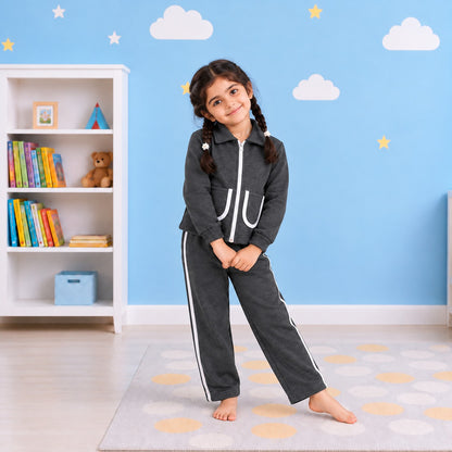 Girls Zip-Up Tracksuit Set – Grey & White