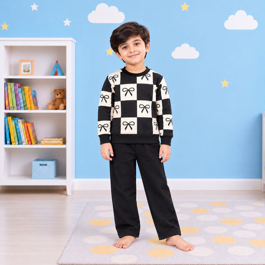 Black & Cream Bow Print Tracksuit for Boys