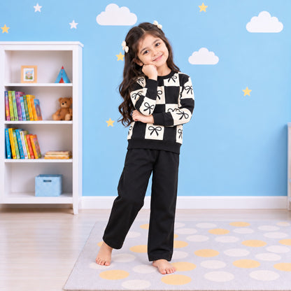 Black & Cream Bow Print Tracksuit for Girls