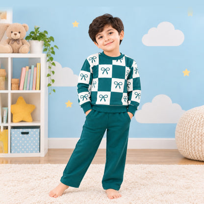 Teal & White Bow Print Tracksuit for Boys