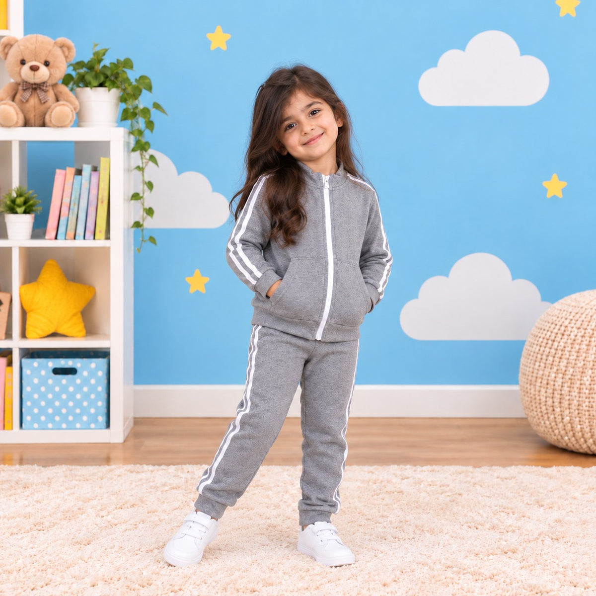 Grey & White Stripe Tracksuit for Girls