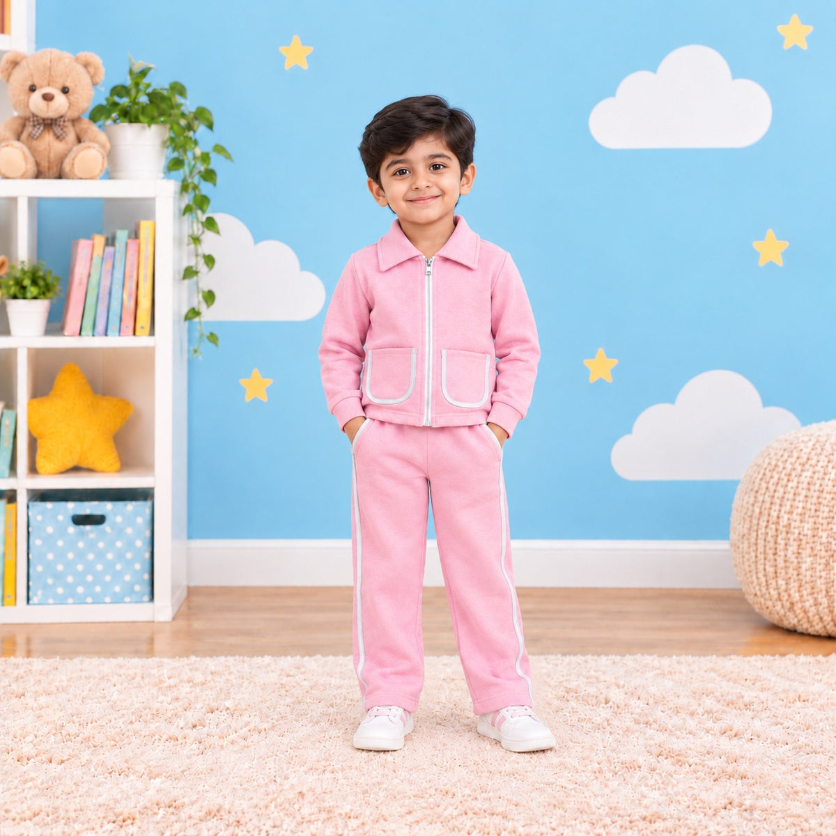 Boys Zip-Up Tracksuit Set – Pink & White