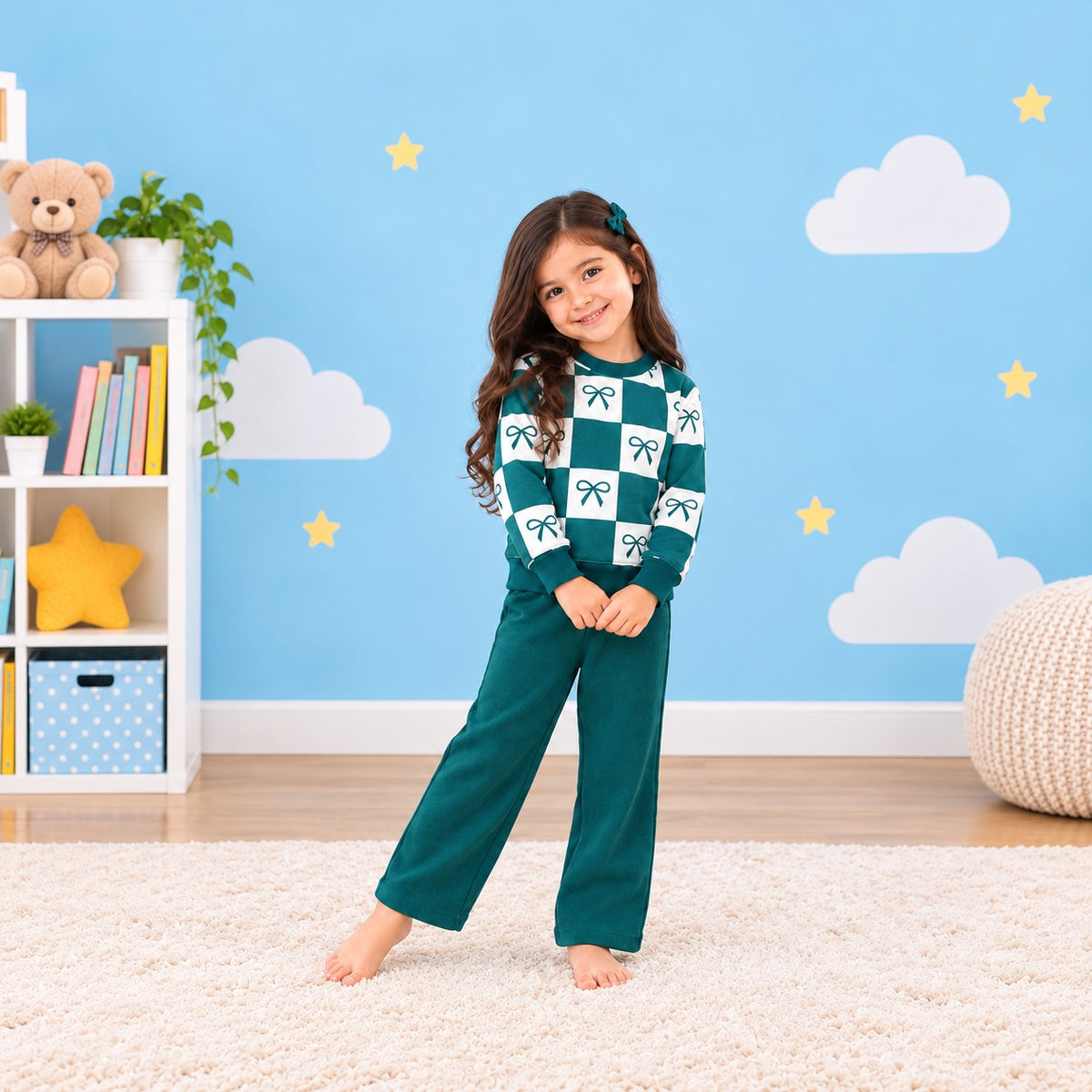 Teal & White Bow Print Tracksuit for Girls
