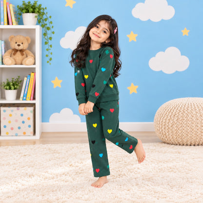 Girls Green Heart Print Tracksuit