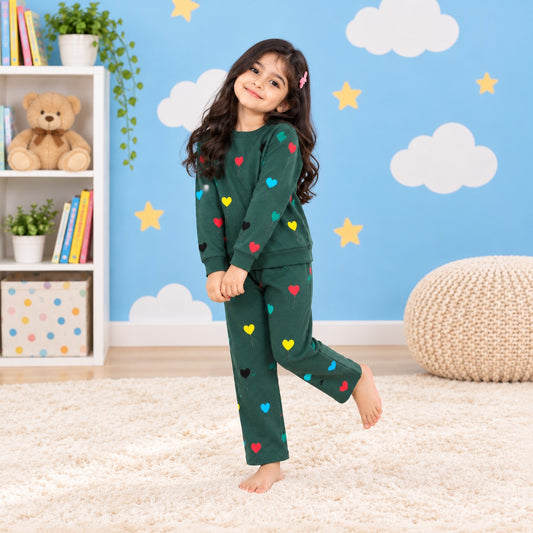 Girls Green Heart Print Tracksuit