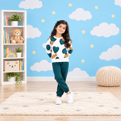 Teal Love Print Tracksuit for Girls