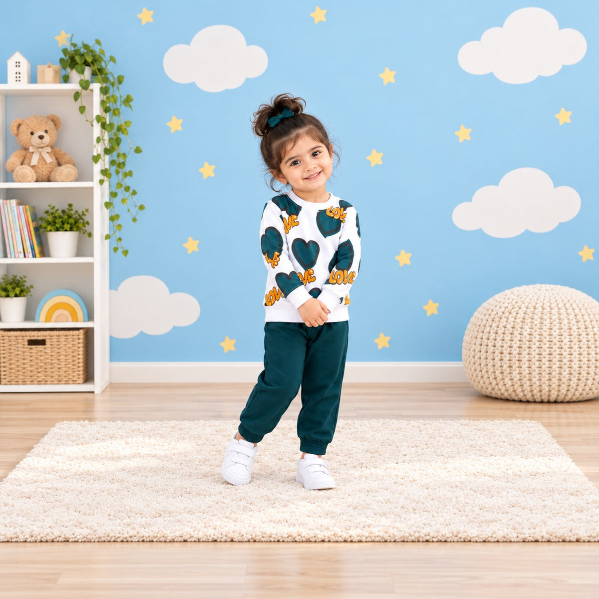 Teal Love Print Tracksuit for Girls