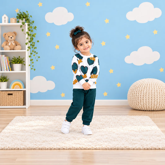 Teal Love Print Tracksuit for Girls