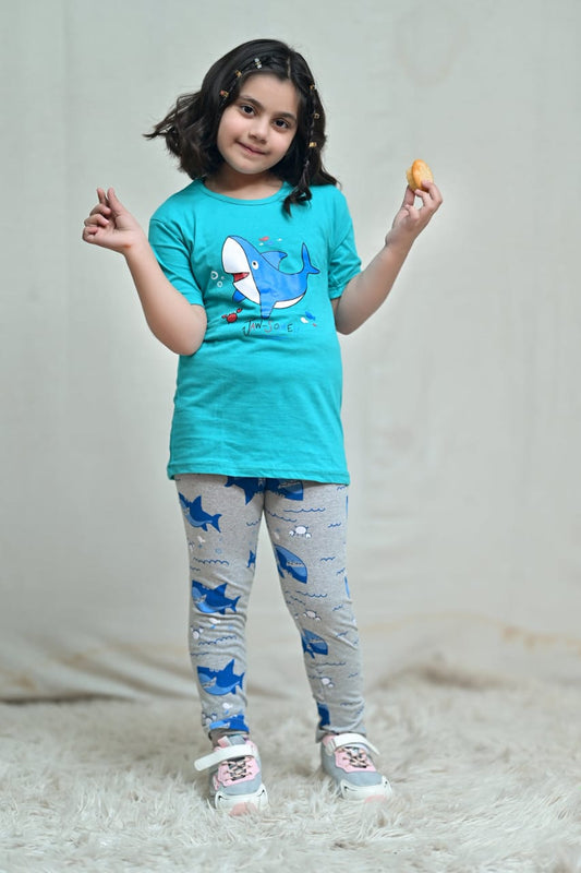 Blue Shark Print Half Sleeves Baby And Baba